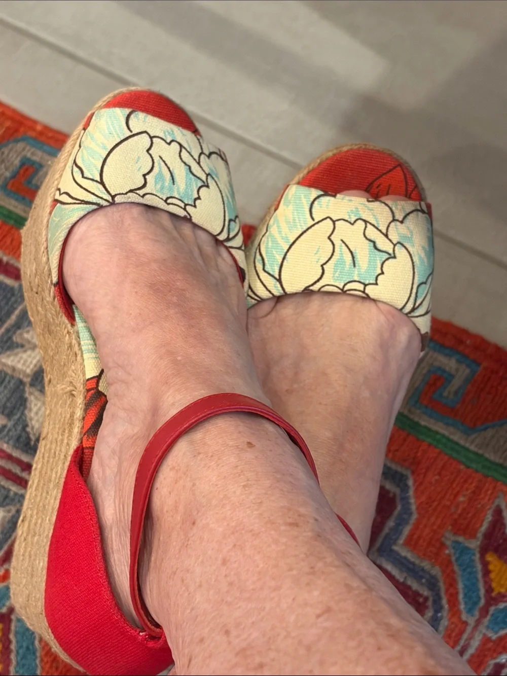 Tory Burch Red Floral Espadrille Wedge Sandals - Women Sz 8.5